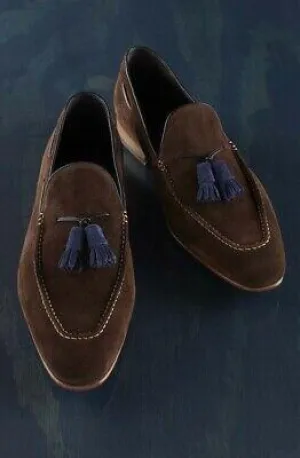 Men's Suede Loafers Shoes, Dark Brown Tussles Slip On Stylish Shoes