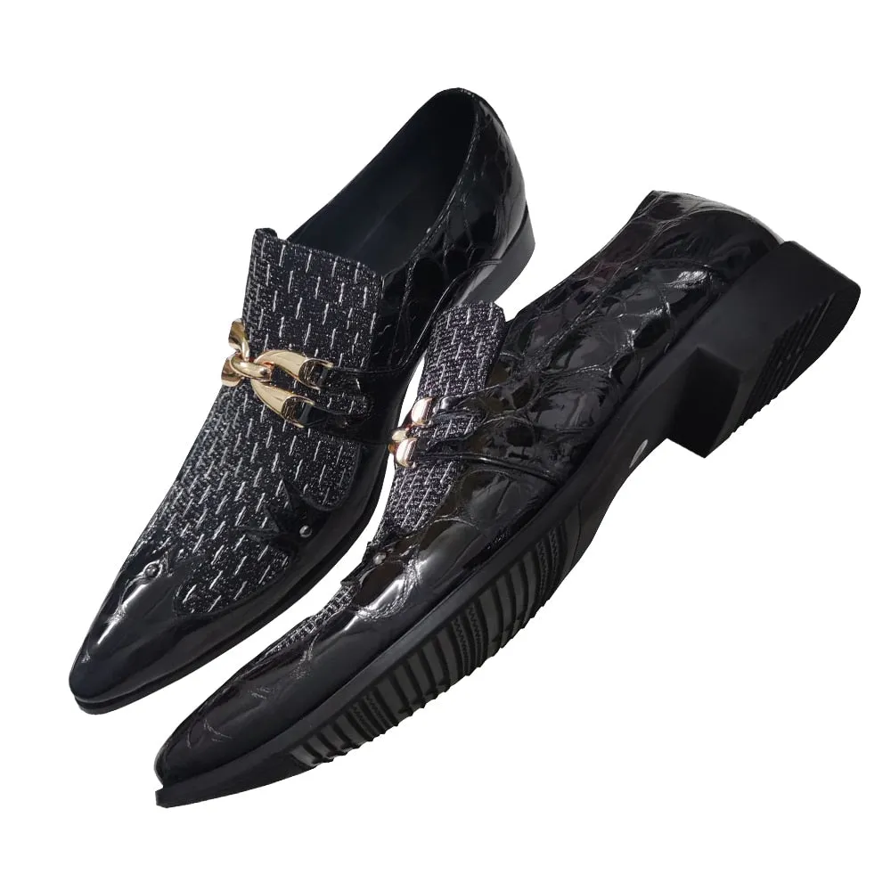 Metal Appliques Crocodile Print Leather Shoes