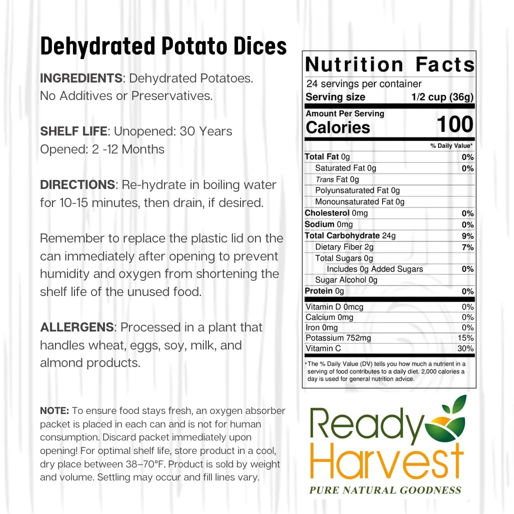 Ready Harvest Dehydrated Diced Potatoes - 25 Year Shelf Life - Six #10 Cans