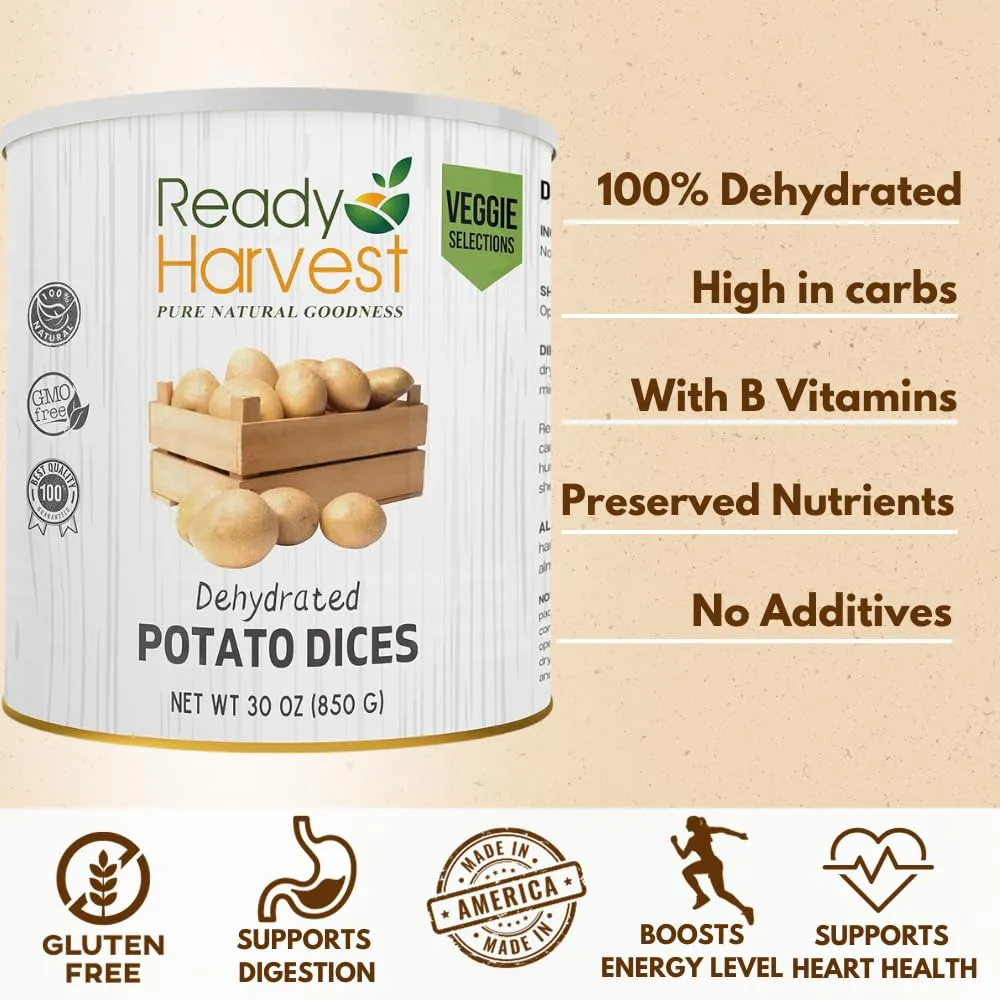 Ready Harvest Dehydrated Diced Potatoes - 25 Year Shelf Life - Six #10 Cans