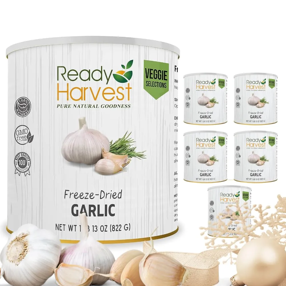 Ready Harvest Freeze-Dried Garlic - 25 Year Shelf Life - Six #10 Cans