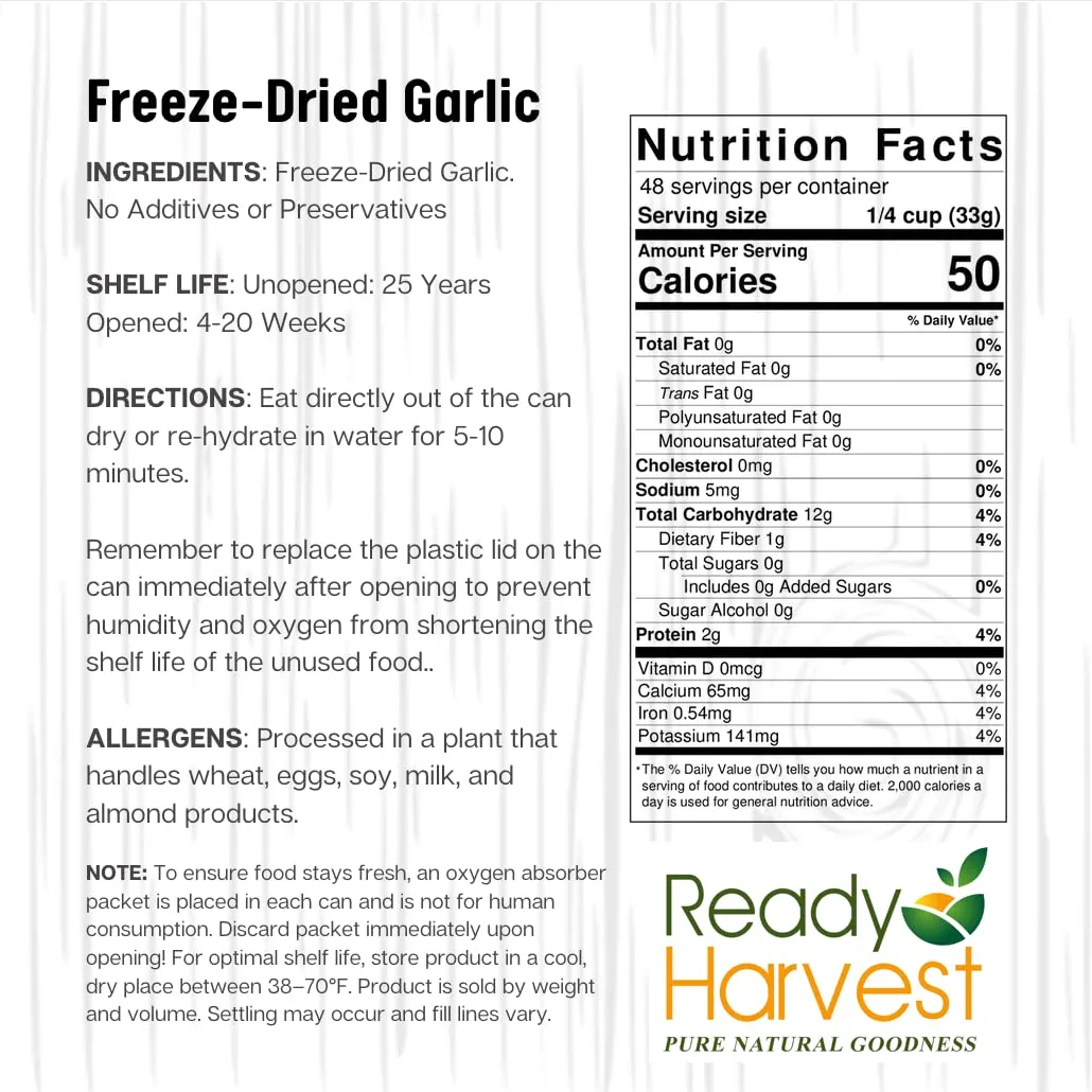 Ready Harvest Freeze-Dried Garlic - 25 Year Shelf Life - Six #10 Cans