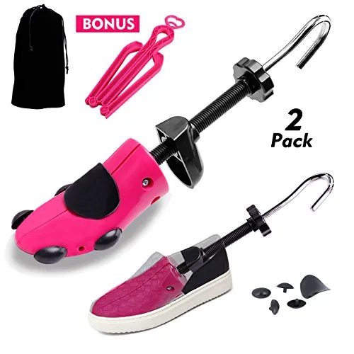 Shoe Stretcher Women Shoe Tree Widener, Pair of 4-way Adjustable Expander Stretch Length Width Height, Tough Plastic & Metal, 8 Bunion Plugs Included, Pink for Women's Shoes Size US 5.5-10