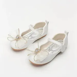 Spring New Girls' Single Shoes Cute Bow Rhinestone Soft Sole Flat Shoes