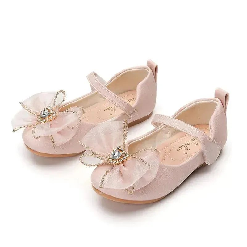 Spring New Girls' Single Shoes Cute Bow Rhinestone Soft Sole Flat Shoes