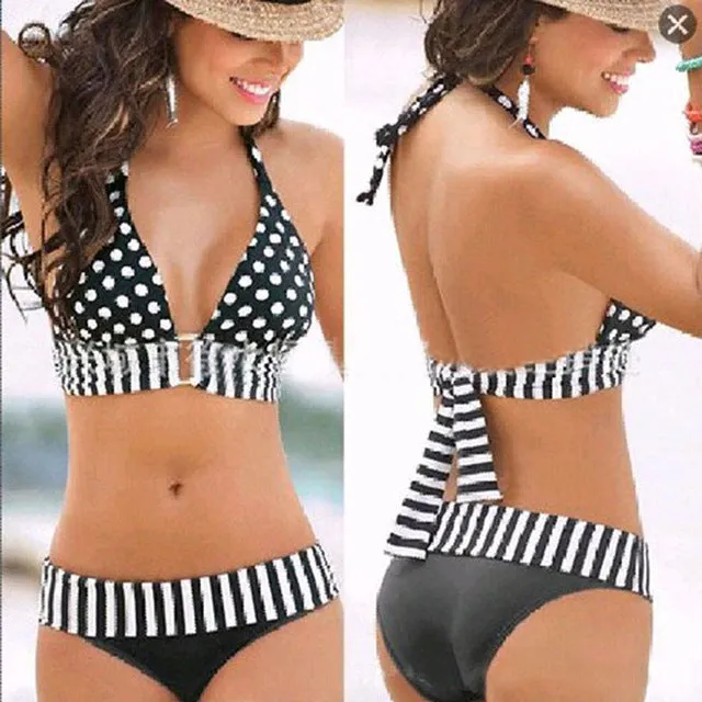 StarHonor  Woman Brazilian Retro Polka Dot Halter Two-piece Suits Bra Bikinis Set  Stripe Bathing Suit Swimwear Plus Size S-4XL