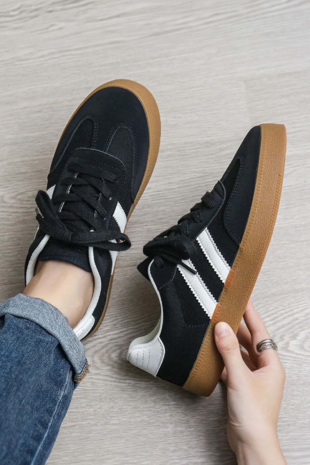 Women Striped Lace-up Flat Army Trainer Shoes