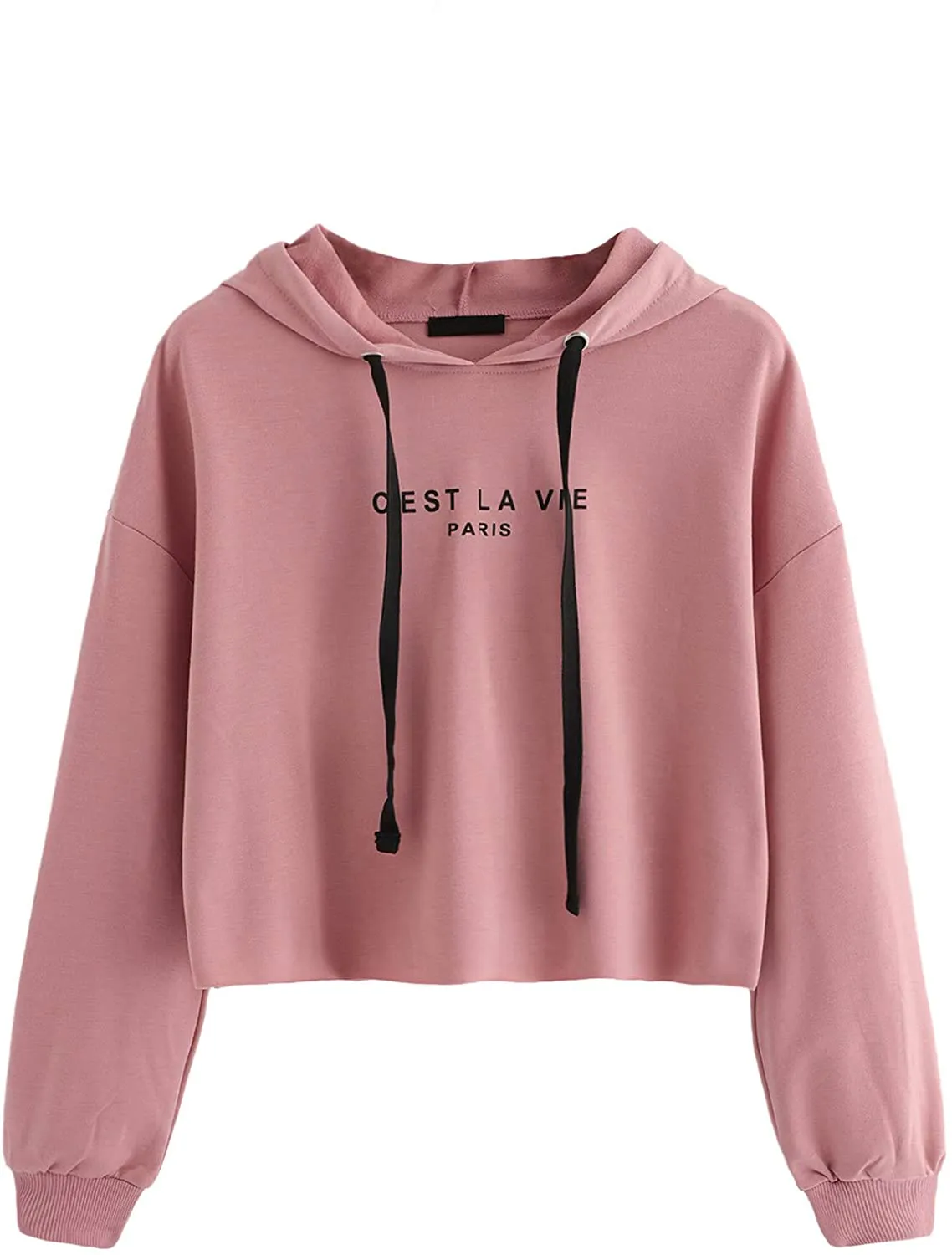 Women's Letter Print Sweatshirt Raw Hem Drawstring Crop Top Hoodie