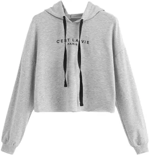 Women's Letter Print Sweatshirt Raw Hem Drawstring Crop Top Hoodie