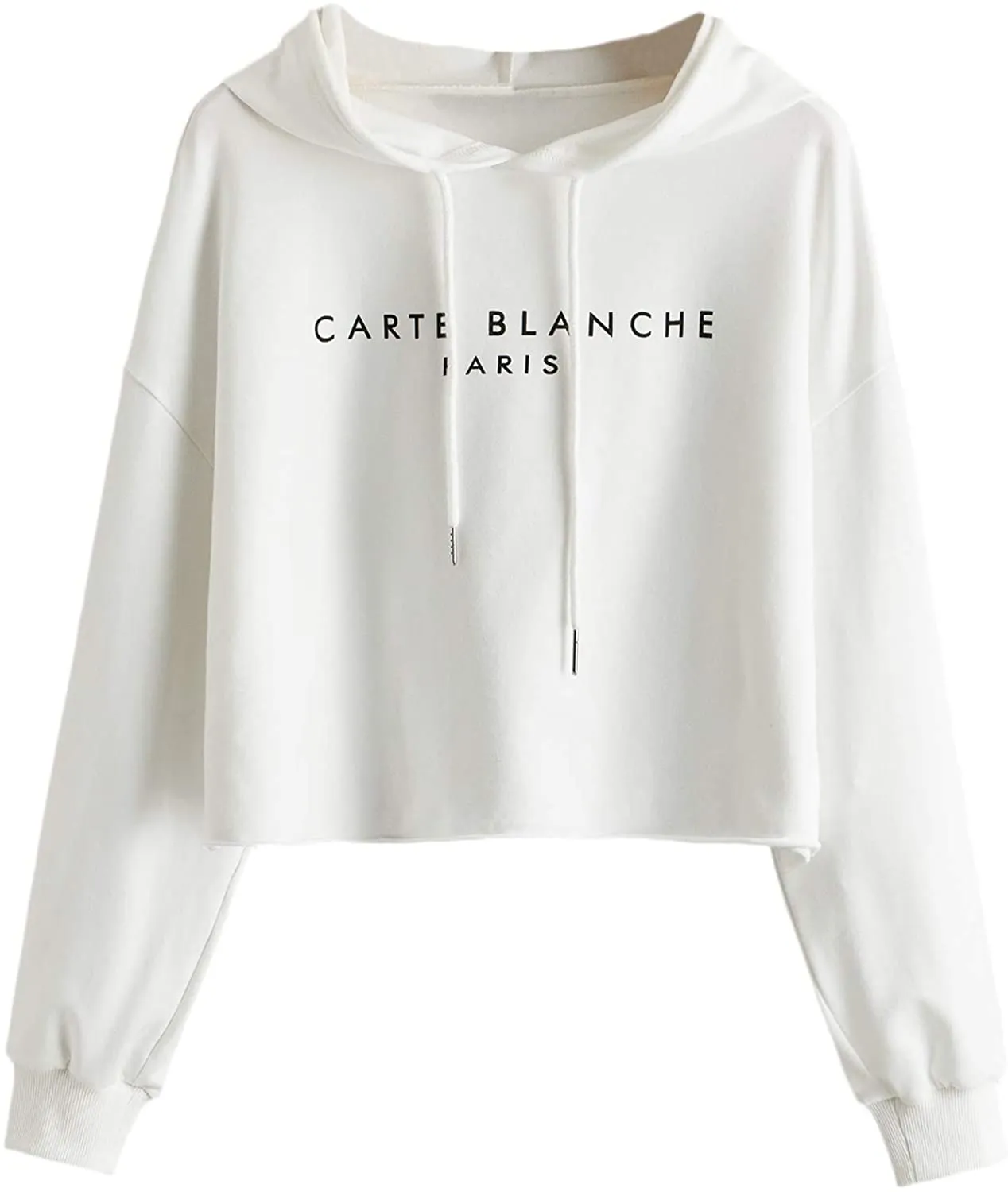 Women's Letter Print Sweatshirt Raw Hem Drawstring Crop Top Hoodie