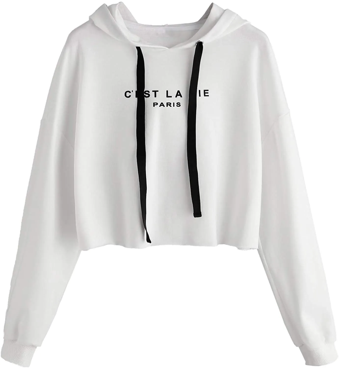 Women's Letter Print Sweatshirt Raw Hem Drawstring Crop Top Hoodie