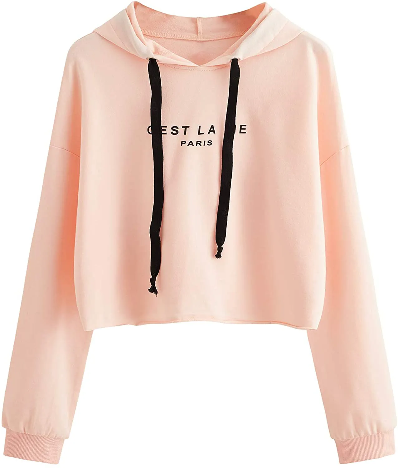 Women's Letter Print Sweatshirt Raw Hem Drawstring Crop Top Hoodie